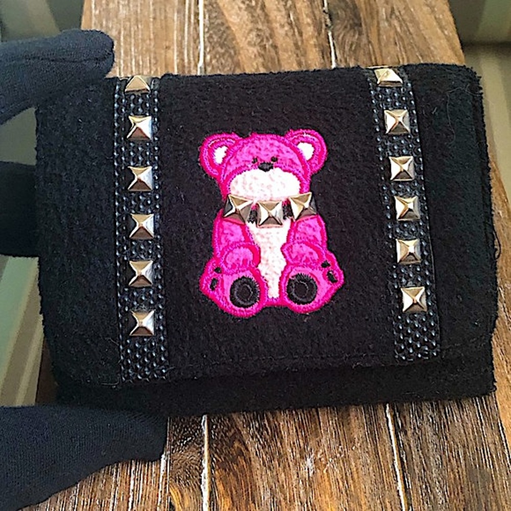 Vintage Claire’s Rockstud Embellished Black Trifold Wallet with Bear